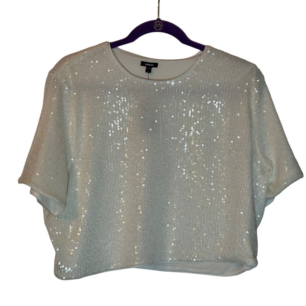 Express Ivory Sequin Crop Top Blouse L NWT Short Sleeve Party Holiday Glam Tee